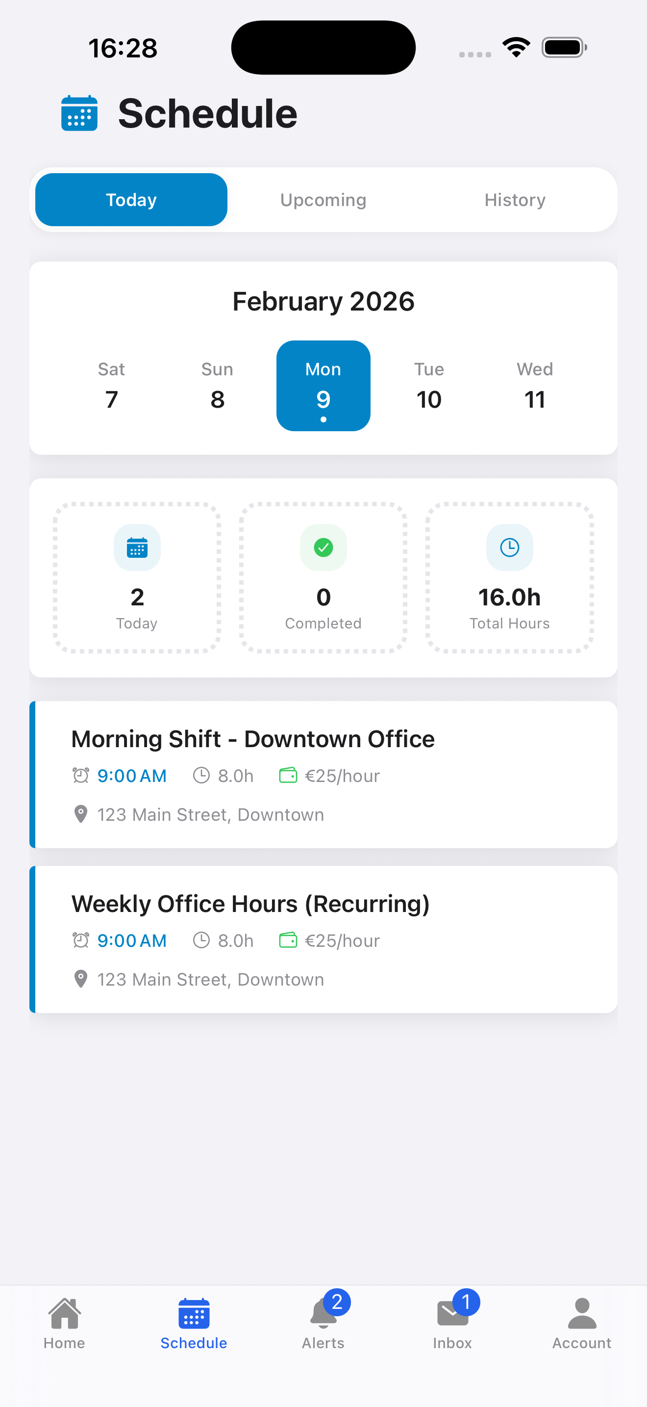 Schedule tab showing upcoming shifts and history
